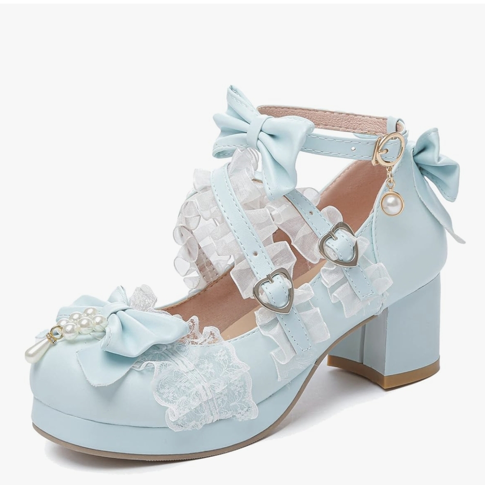 Blue Mary Jane Heels with Bow Detail